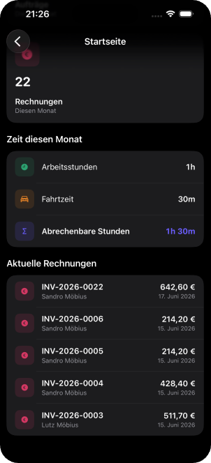 ServiceLab Startseite auf dem iPhone — Umsatz, Berichte und offene Aufträge