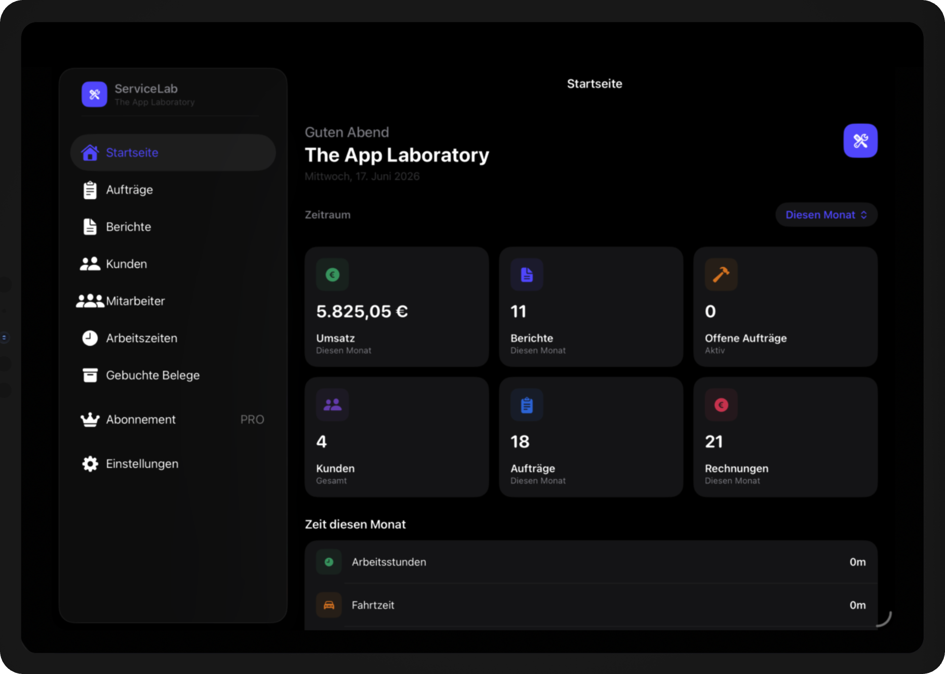 ServiceLab Startseite — Dashboard mit Umsatz, Aufträgen und Rechnungen