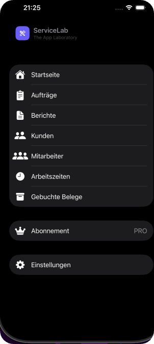 ServiceLab Menü — Aufträge, Berichte, Kunden, Mitarbeiter und Belege