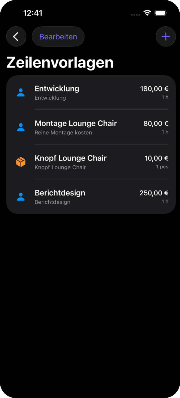 ServiceLab Zeilenvorlagen — Leistungen und Material mit Preisen